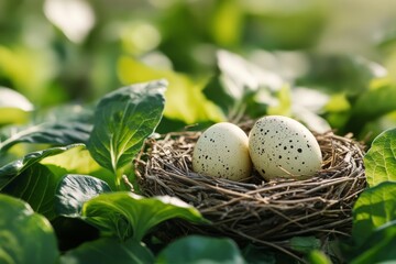Fototapeta premium Two speckled eggs resting in a small nest amidst lush green foliage during daylight hours