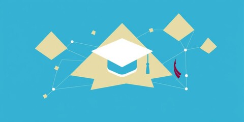 Abstract geometric design of graduation cap silhouette with lines and triangles connecting on blue background, perfect for educational or creative projects, vector, lines