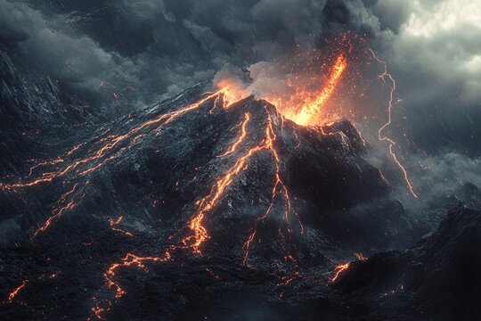 volcano eruption with lava and lightning, the ash is covering the atmosphere, natural disaster illustration