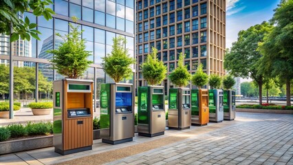 A row of eco-friendly vending machines with biodegradable packaging, surrounded by recycling...