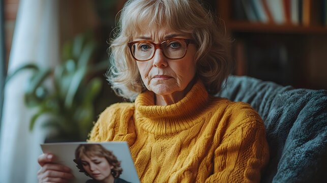 Senior woman sits alone in a quiet room holding a photo, looking confused, depicting the emotional impact of dementia symptoms.