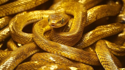 Obraz premium Abstract background with tangled golden snakes, shiny metallic scales texture, unique background for new 2025 year