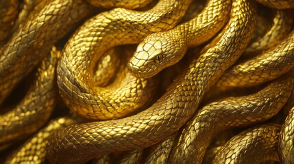 Obraz premium Abstract background with tangled golden snakes, shiny metallic scales texture, unique background for new 2025 year