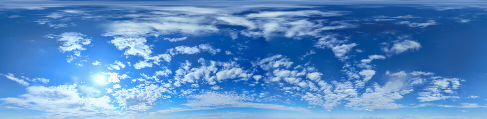 A beautiful panorama of the sky with fluffy clouds and a vibrant blue background, perfect for nature-themed projects or backgrounds.