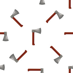 Seamless pattern of sharp axes with wooden handles, creating a repetitive design on a white backdrop