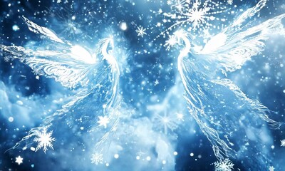 Winter angels in ethereal poses with snowflakes glistening around them, soft blue and white tones creating a serene, divine scene