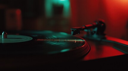 Close-up of a record player with a vinyl record spinning, illuminated by a red and blue light.