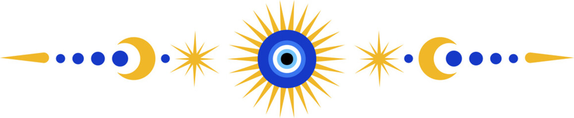 Evil eye magic border with celestial stars. Turkish and Greek astrology ornament. Spiritual bead nazar is the symbol of luck and protection. Ornate separator and divider.