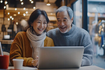 Fototapeta premium A couple is sitting at a table with a laptop in front of them