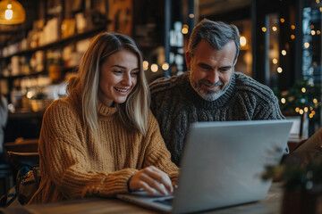A man and a woman are sitting at a table looking at a laptop