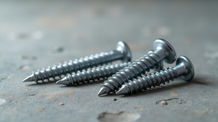 Screws and bolts for furniture repair. Four metal screws rest on a textured gray surface, gleaming with a silvery tone. The focus highlights their sharp threads.