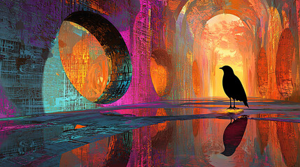 art, animal, water, design, fish, illustration, painting, pattern, sea, nature, color, flower, colorful, paint, in a dreamscape the surface reflects the early mor, untry, generative ai, landscape, arc
