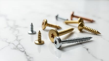 Screws and bolts for furniture repair. Close-up of assorted screws in different colors and sizes on a marble surface, highlighting metal textures and star-shaped heads.