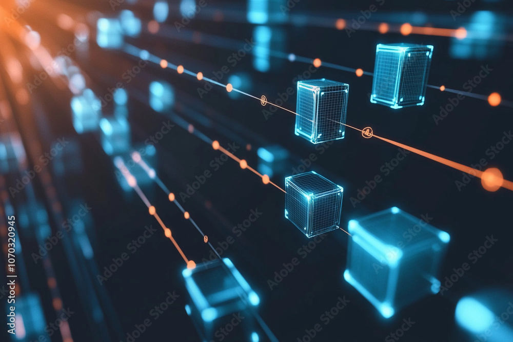 Poster colorful digital data blocks flowing through a network space
