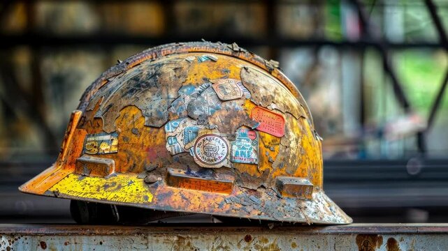 A worn and tattered hard hat adorned with stickers and scuff marks serving as a symbol of a hardworking construction worker.