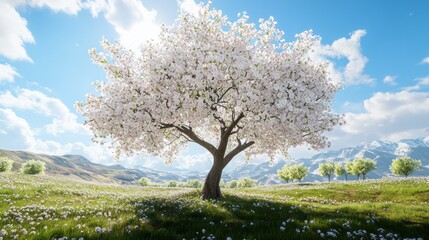A large white tree stands in a field of grass