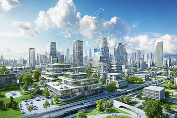 Modern urban landscape with futuristic architecture and greenery