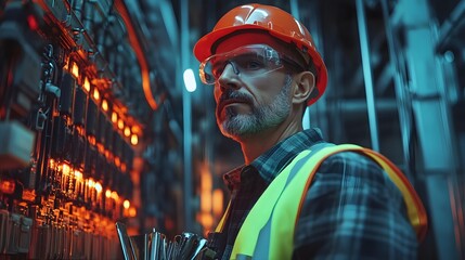 Fototapeta premium Worker in reflective vest and hard hat stands before a large electrical transformer, symbolizing power restoration and infrastructure maintenance.
