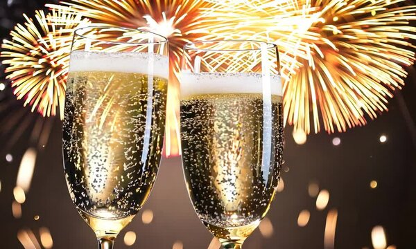 two glasses champagne on new year firework background animation