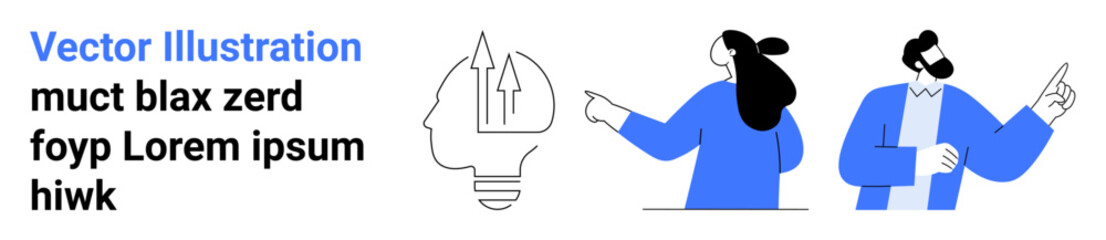 Two people having a discussion while pointing at a light bulb with upward arrows, representing creativity and vision. Ideal for business strategy, innovation, teamwork, brainstorming, leadership