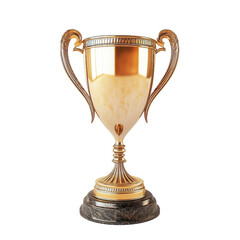 A shiny, gold trophy with ornate handles and a dark marble base, symbolizing achievement and success., isolated on a transparent background.