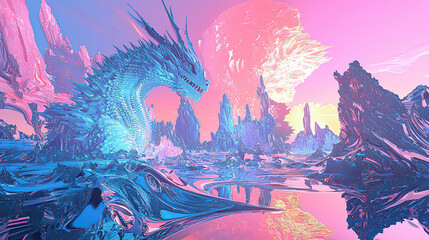 Fototapeta premium art, animal, snake, water, design, fish, illustration, painting, pattern, sea, nature, color, flower, colorful, paint, in a dreamscape the surface reflects the early mor, untry, generative ai, landsca