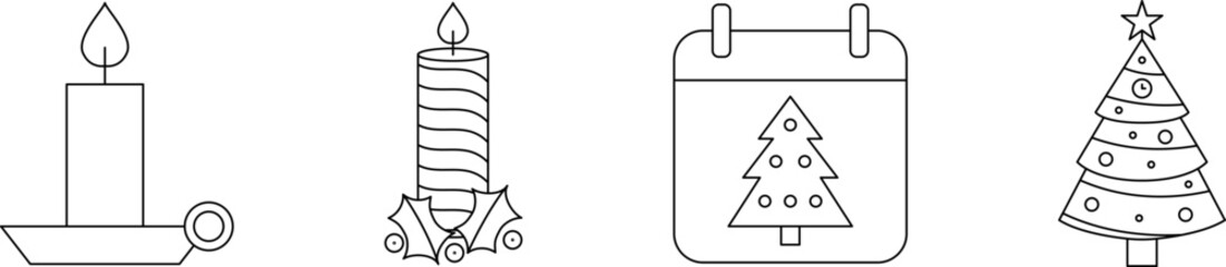 Christmas Thin Line Icon Set. Christmas tree, Candle and Holly berry line icon vector image. New year. Merry Christmas and Happy New Year Drawing decor.