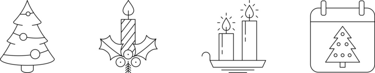 Christmas Thin Line Icon Set. Christmas tree, Candle and Holly berry line icon vector image. New year. Merry Christmas and Happy New Year Drawing decor.