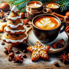 aromatic cup of coffee on background of gingerbread cookies gifts vanilla fir branches and decorations Holiday Season Christmas time