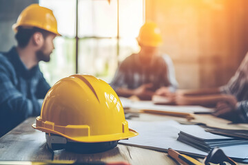 Workers discuss project details while wearing safety helmets in a well-lit workspace