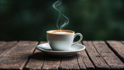 Hot coffee in the cup on old wood table with blur dark green nature background - vintage styles