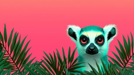 Fototapeta premium A curious lemur with big red eyes peeks out from behind green palm leaves against a vibrant pink background.