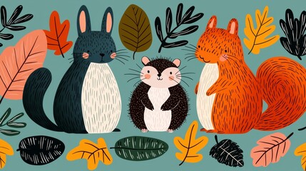 A cute bunny, squirrel, and chipmunk stand among autumn leaves on a turquoise background.