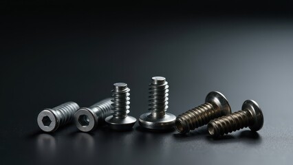 Screws and bolts for furniture repair. Six metal screws in varying heights stand in increasing size order on a dark surface, showcasing their shiny finish. 