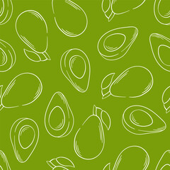 Seamless pattern with hand drawn avocado in line art style on green background. Ideal for healthy food, eco friendly design, packaging, textile and backgrounds.