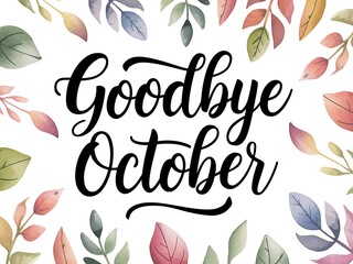Obraz premium Watercolor Leaves Surrounding Goodbye October Text