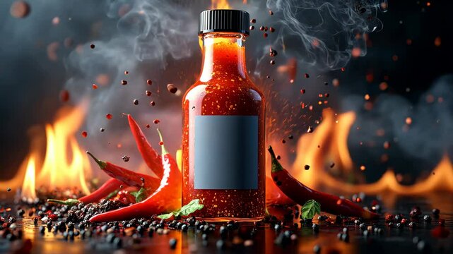 Peppercorns exploding around hot sauce bottle