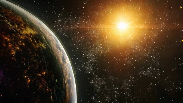 Celestial scene featuring a planet rotating in orbit around two brilliant suns