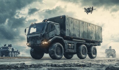 Obraz premium Military vehicles in a stormy environment.