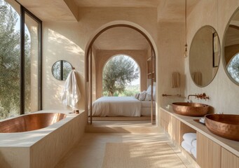 A bathroom with a large bathtub and a bed