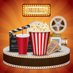 Realistic popcorn on orange background, popcorn concept in cinema and entertainment in cinema. 3D popcorn for Poster design, advertisement, web banner, billboard and etc.