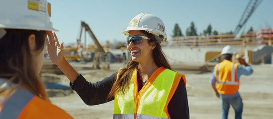 Construction workers high five