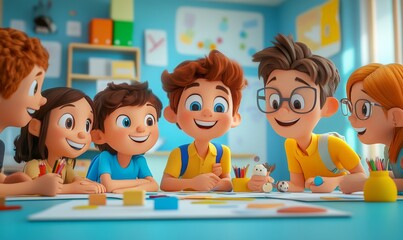 Fototapeta premium Cartoon students working together on a group project in the classroom, collaborative and fun, 3D illustration