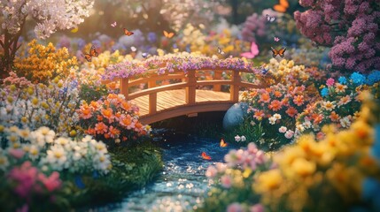 A wooden bridge over a stream in a beautiful, colorful flower garden, surrounded by butterflies and a sun-drenched sky.