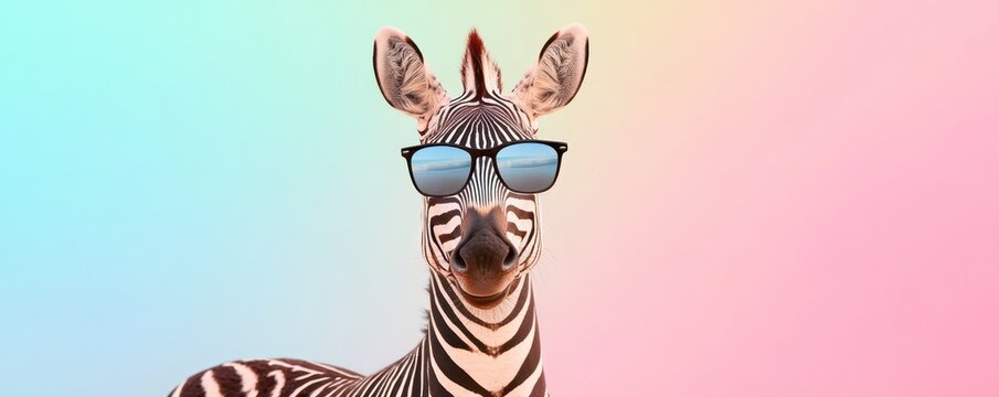 Ad-ready zebra sporting trendy sunglasses against a backdrop of soft pastels.