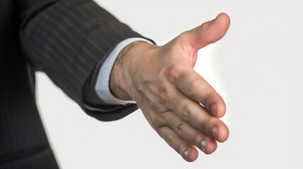 Obraz premium Close up of businessmen shaking hands on white background with copy space for message, professional greeting, successful cooperation