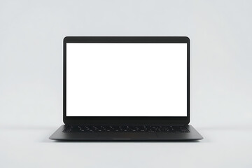 Modern laptop displaying blank white screen on gray background, ideal for showcasing presentations or designs