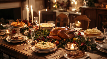 Fototapeta premium Traditional Christmas table with roasted turkey and other festive dishes. Selective focus.