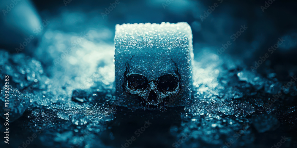 Poster a skull is sitting on top of a cube