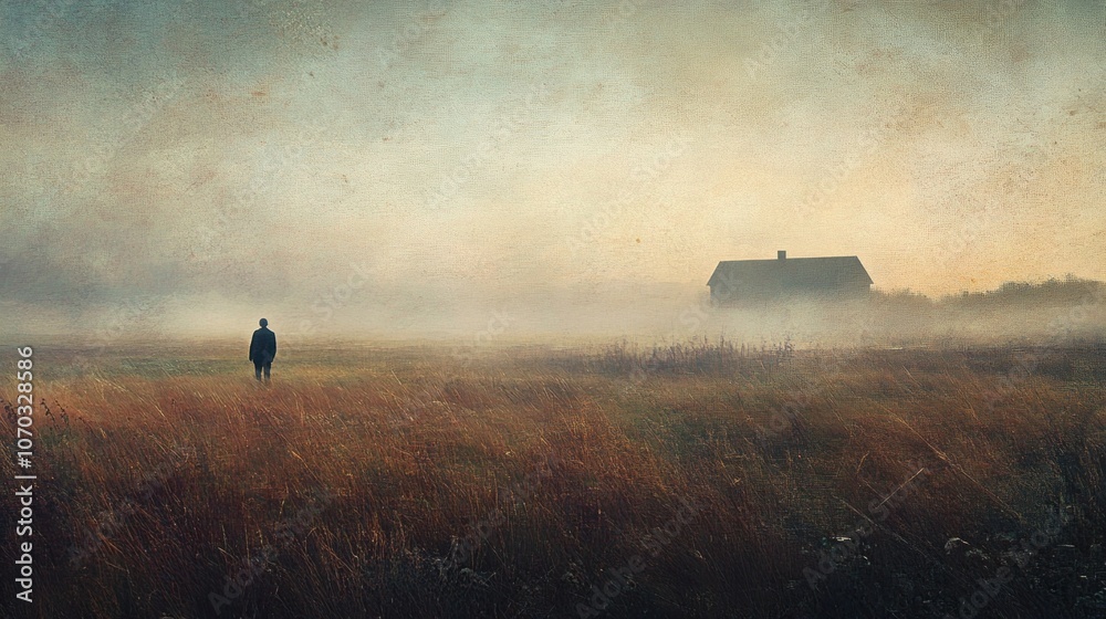 Poster A man is walking in a field with a foggy sky in the background